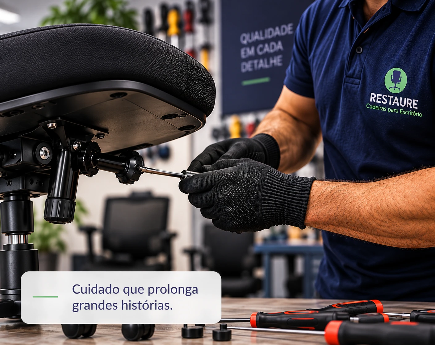 Profissional realizando manutenção em cadeira, com a mensagem Cuidado que prolonga grandes histórias.