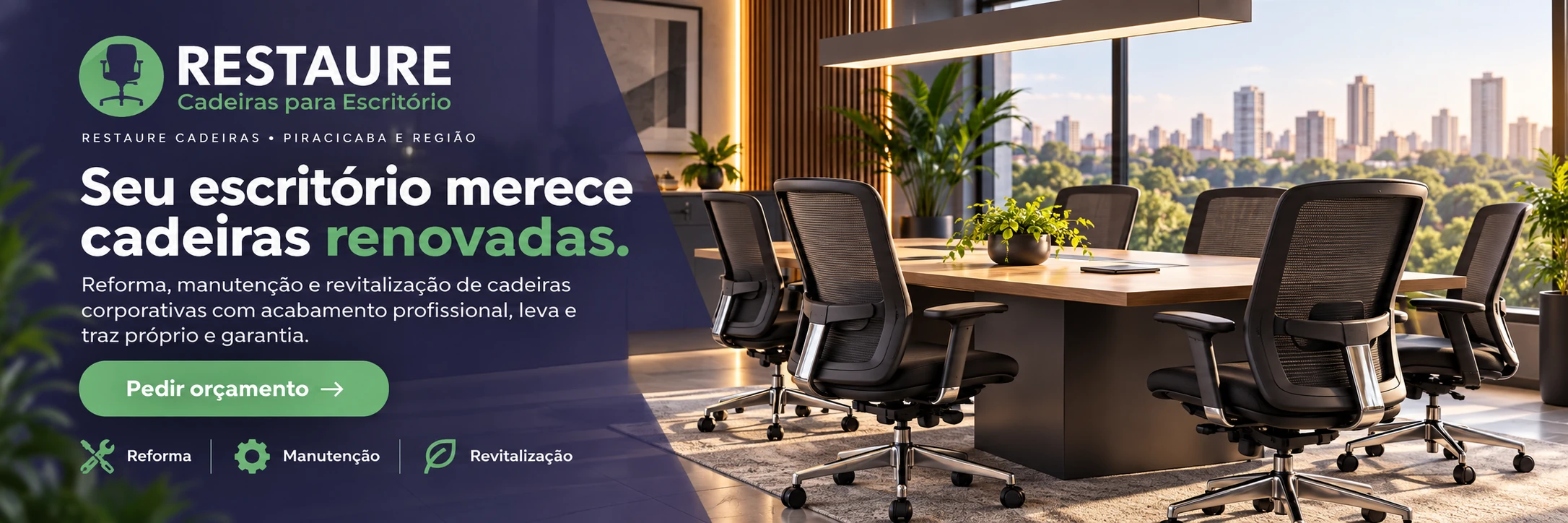Escritório moderno com cadeiras corporativas e mensagem sobre reforma, manutenção e revitalização da Restaure Cadeiras